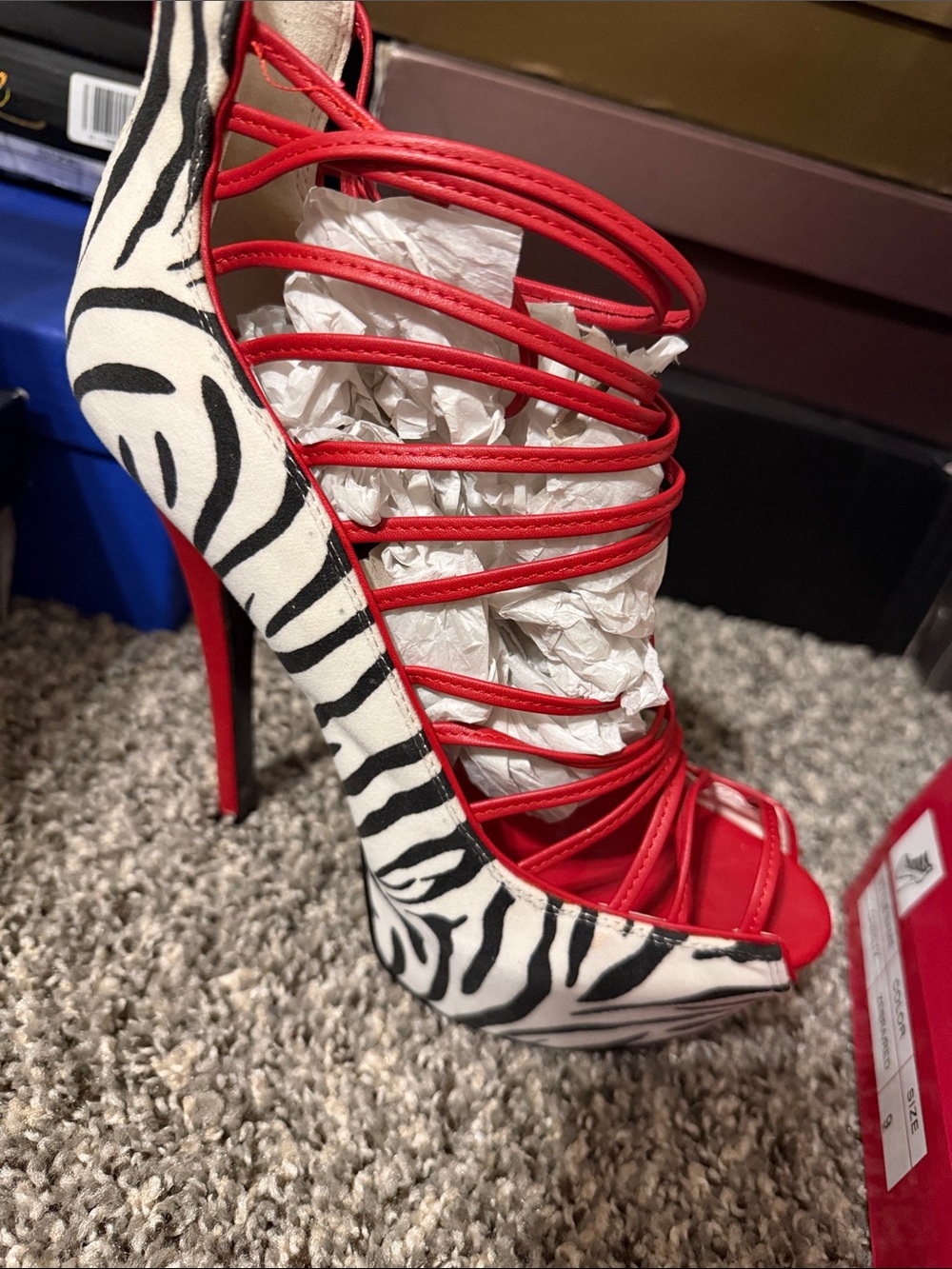Alba Red Strappy Zebra-Print Stiletto Heels